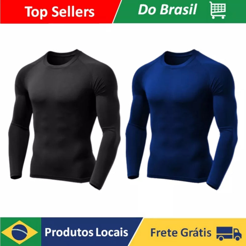 Pacote com 2 Camisetas Proteção Térmica Solar Ciclismo Compressão Segunda Pele Tecido Gelado UV 50