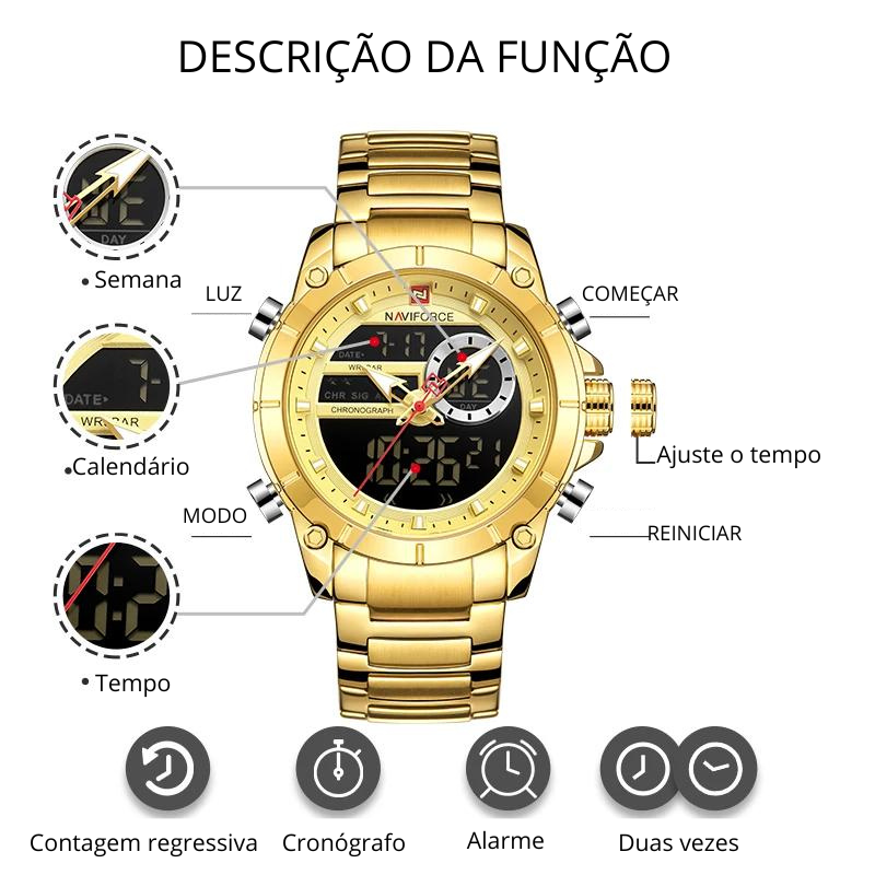 Relógio Moonphase Analog de pulso esportivo original masculino, aço, impermeável, display duplo, militar, luxo, top