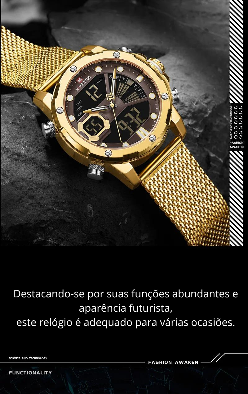 Relógio Moonphase Marca masculino quartzo relógio de pulso esportivo militar, relógios originais para homens, Dual Display, malha de aço, relógio impermeável