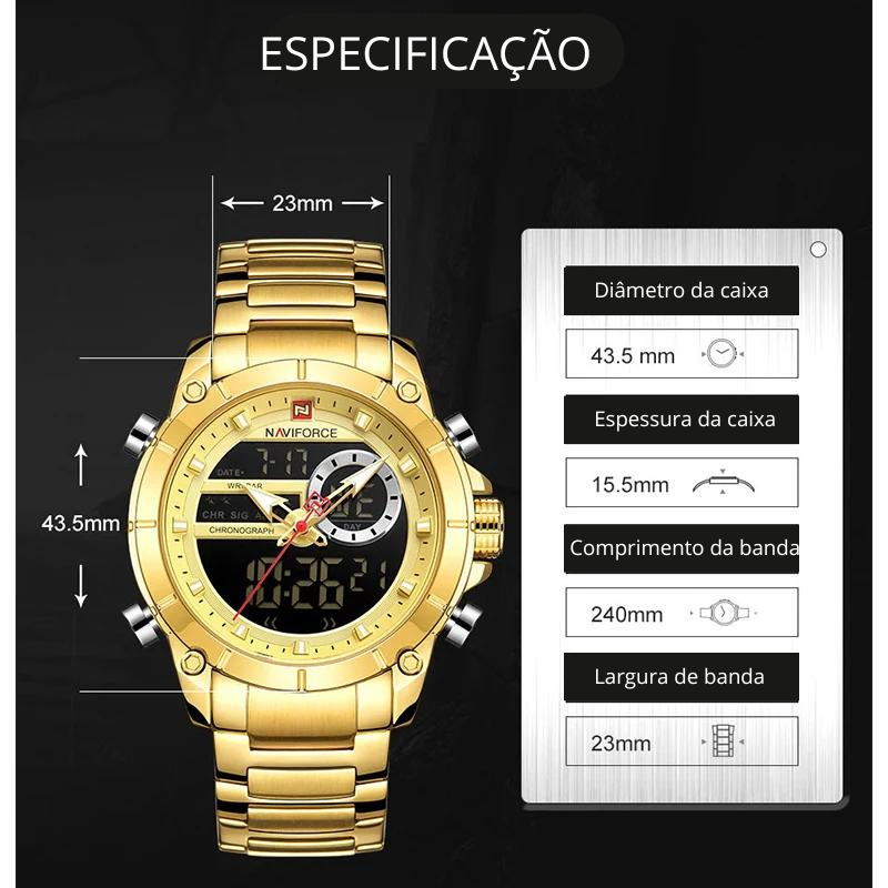 Relógio Moonphase Analog de pulso esportivo original masculino, aço, impermeável, display duplo, militar, luxo, top