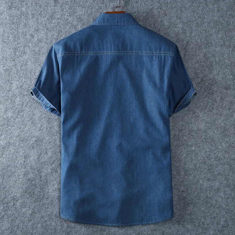 Camisa de manga curta camisas novo verão alta qualidade algodão luz azul camisas mais tamanhos-Azul Jeans