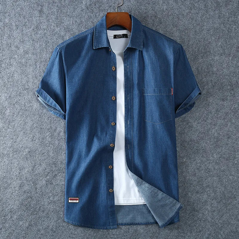 Camisa de manga curta camisas novo verão alta qualidade algodão luz azul camisas mais tamanhos-Azul Jeans