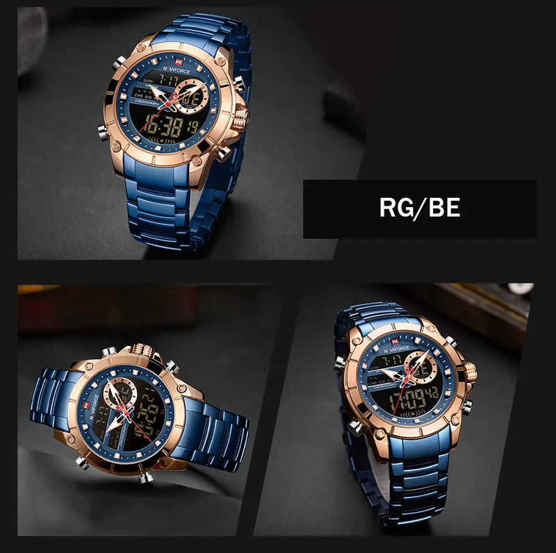 Relógio Moonphase Analog de pulso esportivo original masculino, aço, impermeável, display duplo, militar, luxo, top