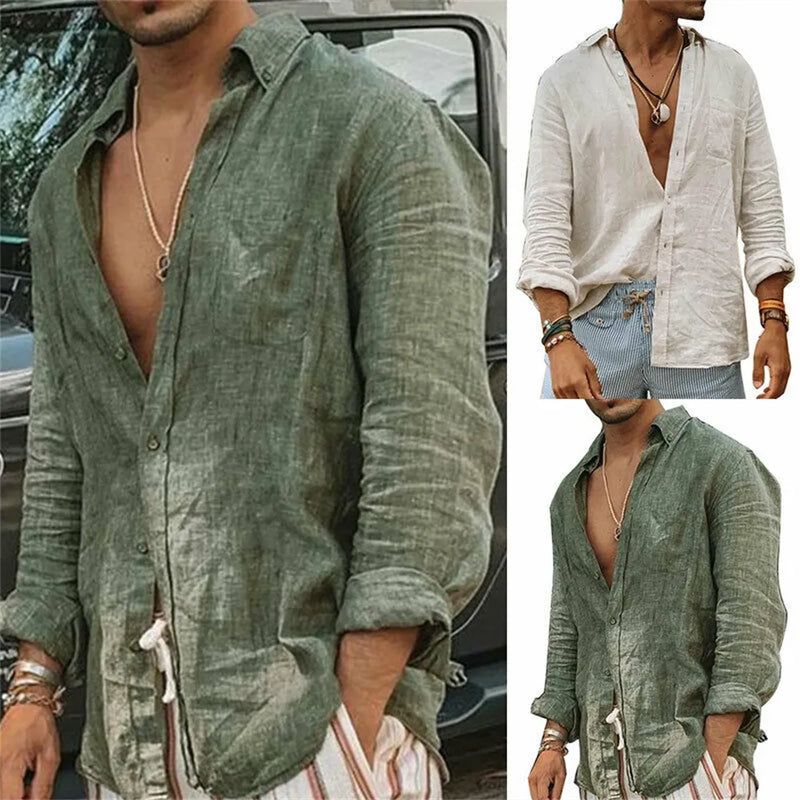 Homens casual algodão linho camisa gola masculina cor sólida manga longa solta topos primavera outono bonito camisas masculinas