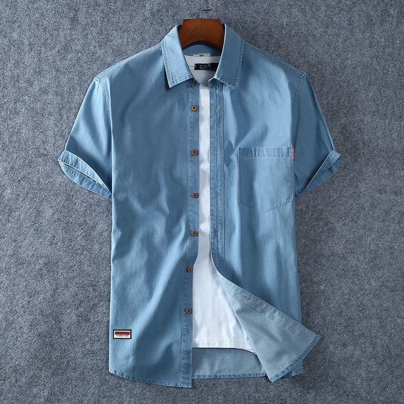 Camisa de manga curta camisas novo verão alta qualidade algodão luz azul camisas mais tamanhos-Azul Jeans