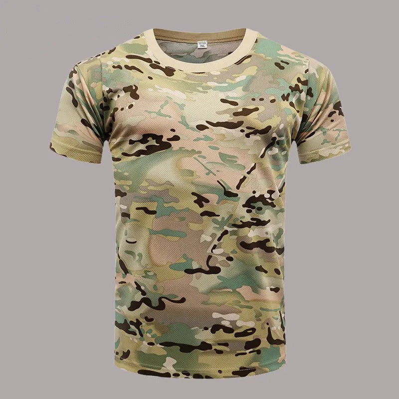 Camiseta de manga curta masculina, secagem rápida, treinamento físico ao ar livre, roupa masculina, tops táticos de camuflagem, camiseta verão