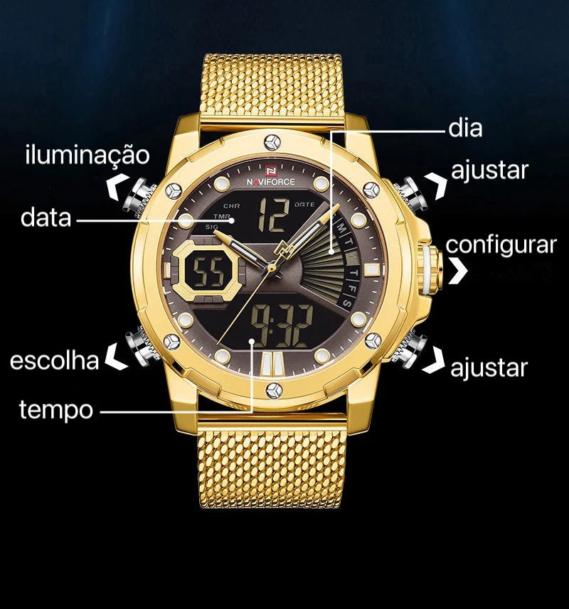 Relógio Moonphase Marca masculino quartzo relógio de pulso esportivo militar, relógios originais para homens, Dual Display, malha de aço, relógio impermeável