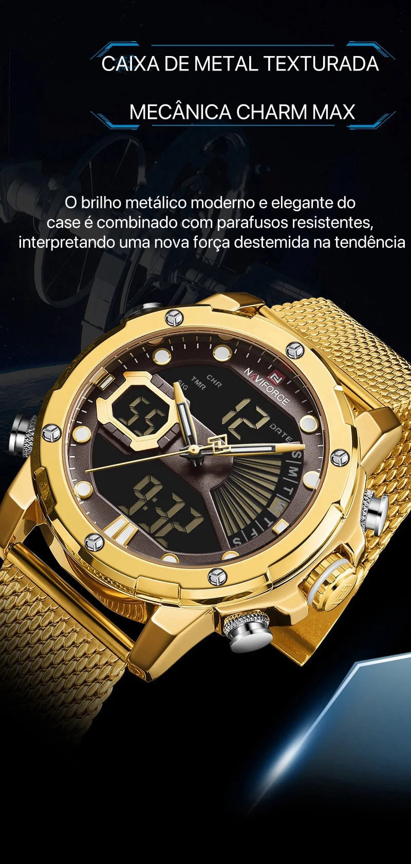 Relógio Moonphase Marca masculino quartzo relógio de pulso esportivo militar, relógios originais para homens, Dual Display, malha de aço, relógio impermeável