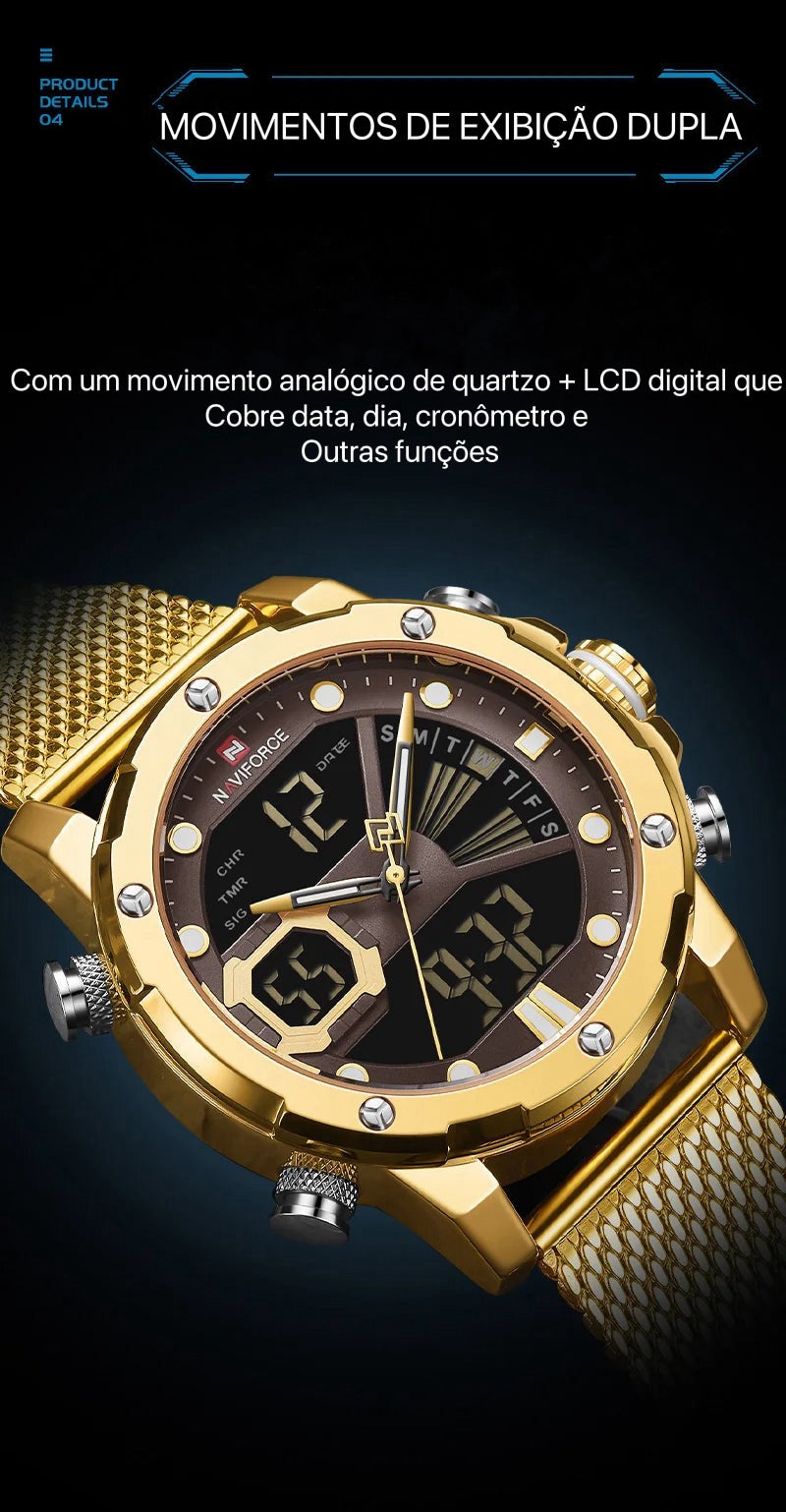 Relógio Moonphase Marca masculino quartzo relógio de pulso esportivo militar, relógios originais para homens, Dual Display, malha de aço, relógio impermeável