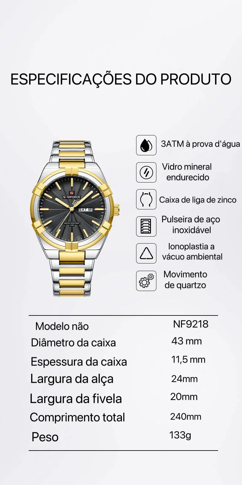 Relógio Moonphase clássico de pulso casual de aço inoxidável impermeável masculino, relógios quartzo originais, design de moda