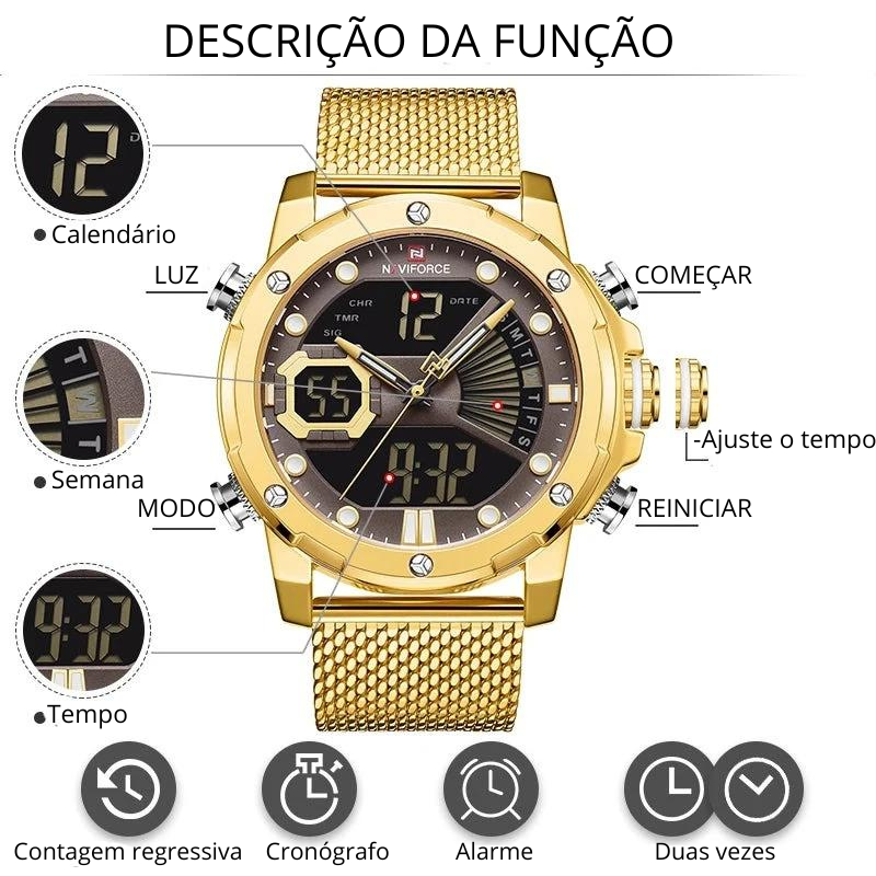 Relógio Moonphase Marca masculino quartzo relógio de pulso esportivo militar, relógios originais para homens, Dual Display, malha de aço, relógio impermeável