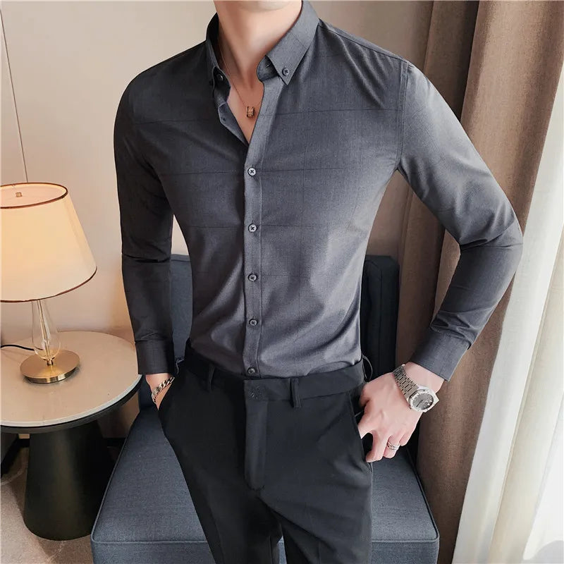 Camisa de manga comprida masculina,macia anti-rugas,elástica, slim fit, monocromática, estilo britânico, casual.