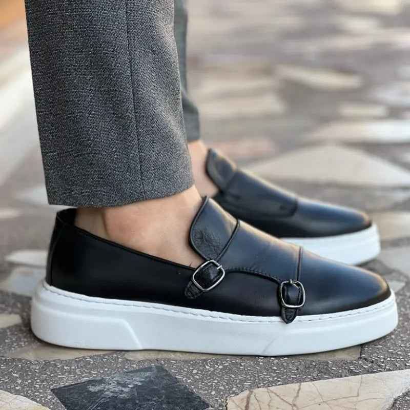 sapato monge com fivela dupla, sapatos preguiçosos deslizantes, Casual feito a mão, Marrom,novo