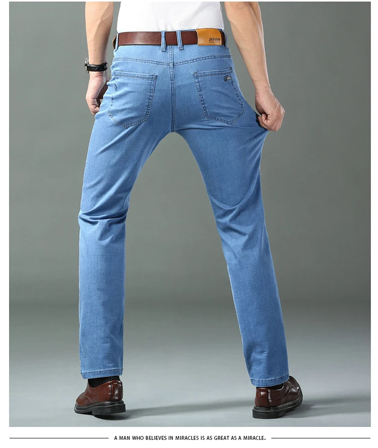 Calça jeans para homens de algodão fina, jeans de cintura alta, seda gelo, calça leve, pano casual para negócios, primavera e verão