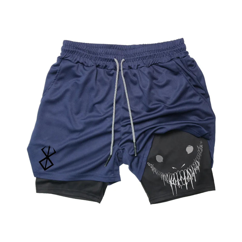 Shorts de corrida anime masculino, deck duplo, treinamento,secagem rápida, treino, jogging, esportes, fitness, verão, 2 em 1