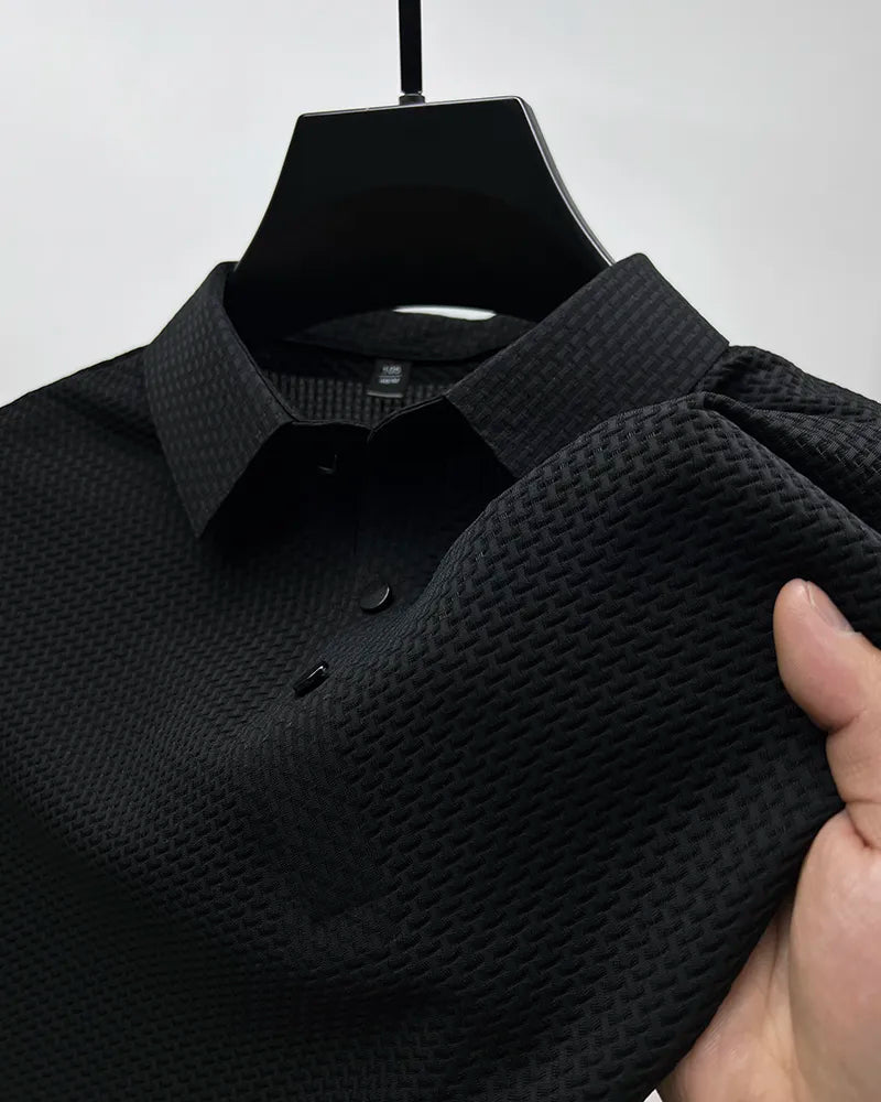 Camisa polo de manga curta com renda masculina, seda gelada, respirável, moda empresarial