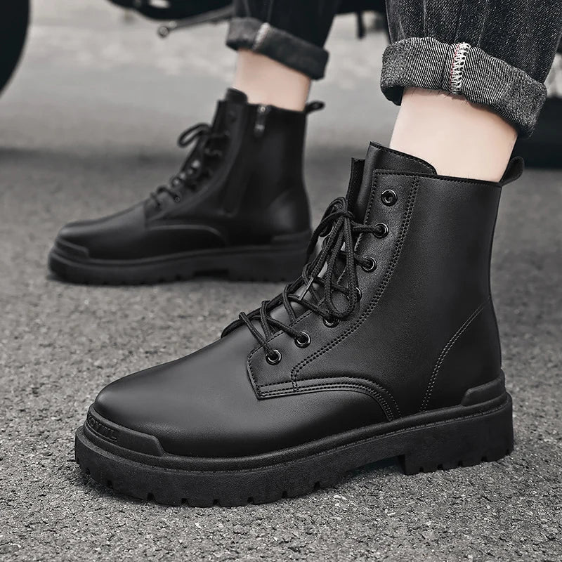 Bota de couro de masculina, botas curtas com renda,de motociclista sapatos de trabalho para jovens,alta qualidade.