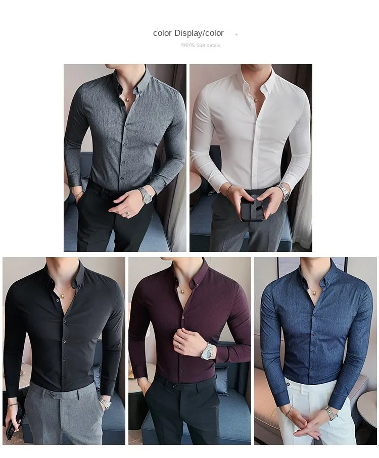 Camisa de manga comprida masculina,macia anti-rugas,elástica, slim fit, monocromática, estilo britânico, casual.