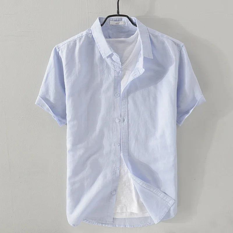 Camisa Lagoon Algodão e linho masculino camisa de manga curta lapela camisa casual verão cor sólida topo