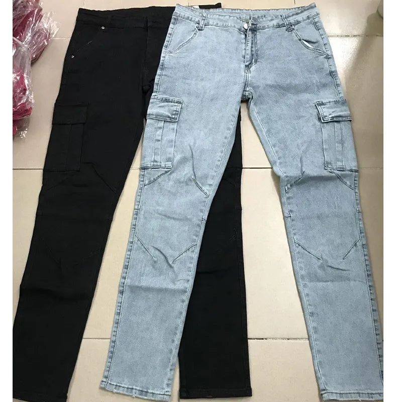 Jeans de carga masculino multi-bolsos de cintura média, calça monocromática, calça casual, mais tamanho, moda, roupa diária