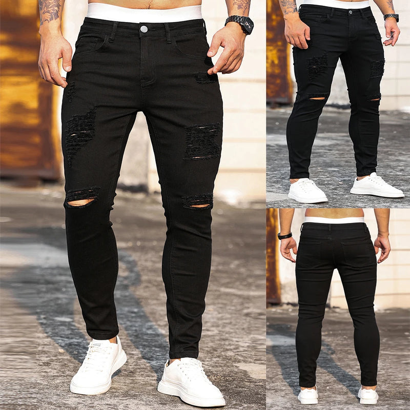 moda preto rasgado calças de borda magro dos homens calças nova primavera casual jeans para homens