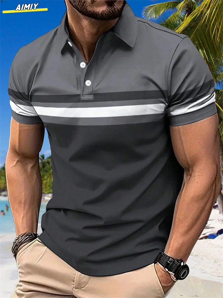 Camisa polo masculina de manga curta, estampa listrada, poloshan, lapela casual, esportiva, moda verão, nova