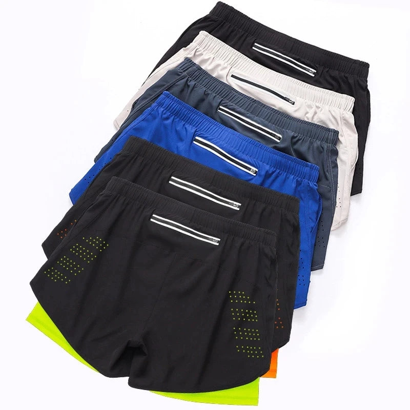 Calção de corrida de camada dupla de secagem rápida masculino, fitness, preto, esporte, treino, musculação, calça curta, novo