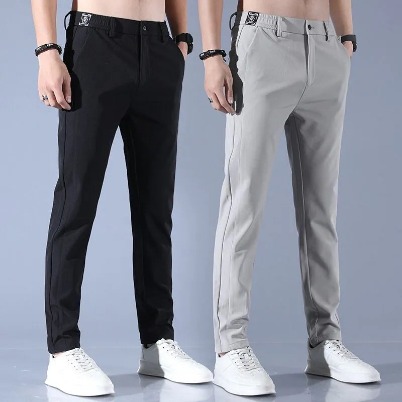 Calça esportiva masculina de seda gelada, cor sólida, cintura média, solta, respirável, perna reta, calça casual, fina, secagem rápida