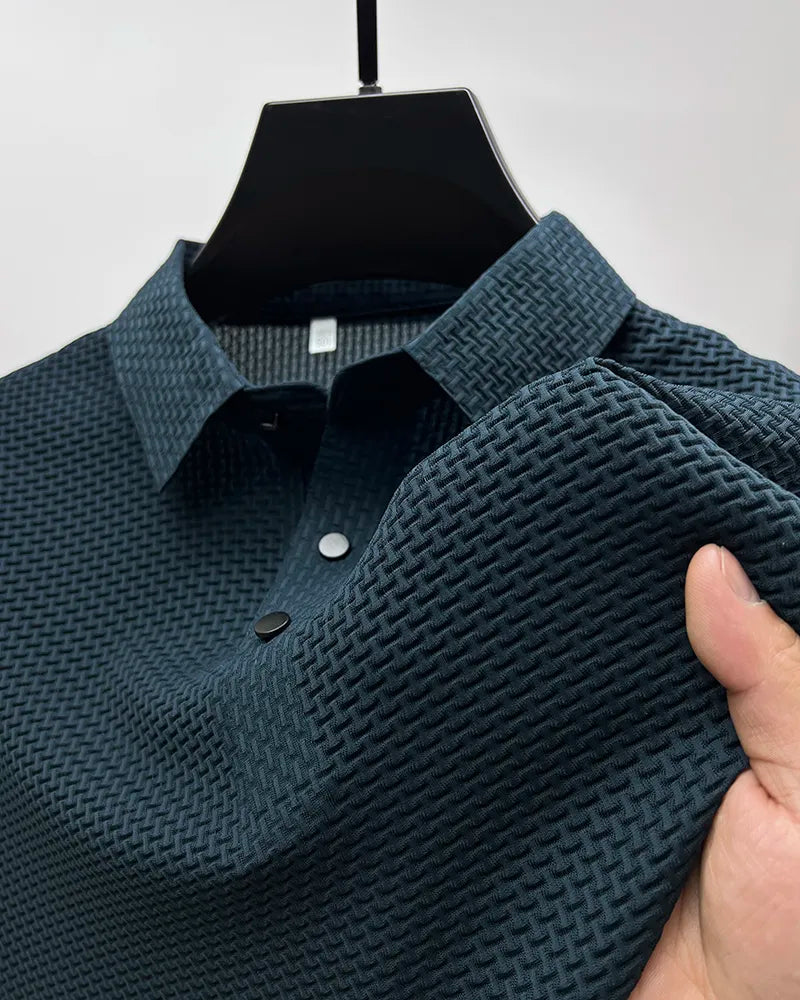 Camisa polo de manga curta com renda masculina, seda gelada, respirável, moda empresarial