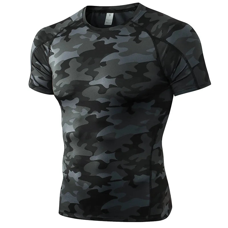 Camisa de compressão masculina moda show secagem rápida, Pescoço redondo, Uso de construção corporal, Esportes, Fitness, Esportes, Treinamento