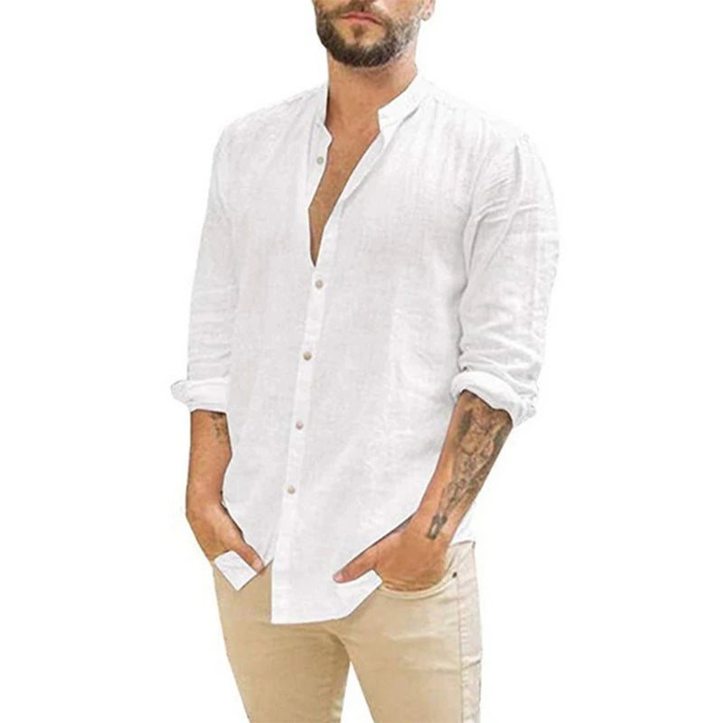 Camisa masculina de linho de algodão de manga comprida, gola alta, casual estilo praia, verão, venda quente