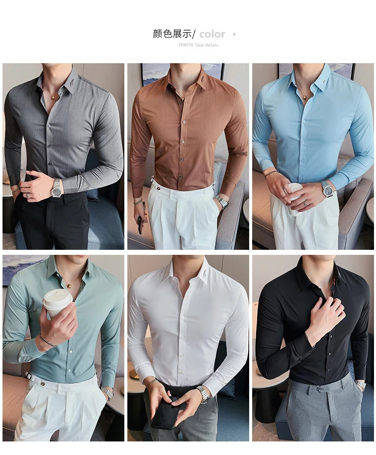 Camisa de manga comprida masculina,macia anti-rugas,elástica, slim fit, monocromática, estilo britânico, casual.