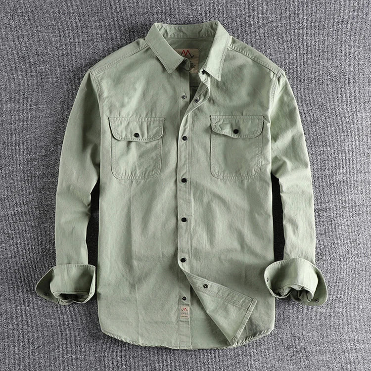 Camisa Safari de manga comprida de algodão lavada masculina, cardigã retrô de dois pocket, moda slim simples, primavera e outono