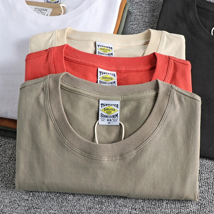 Camiseta masculina de algodão lavada bolso masculina, design simples, estilo básico, cor pura, manga curta