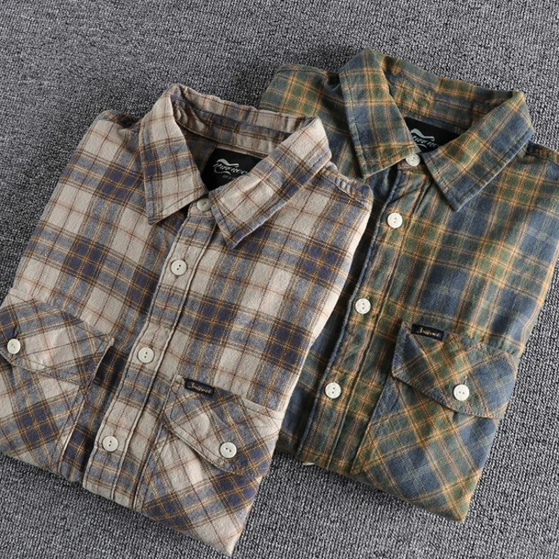 Camisa xadrez com ferramentas retrô masculina, jaqueta American, lixamento de flanela confortável, casual, outono e inverno