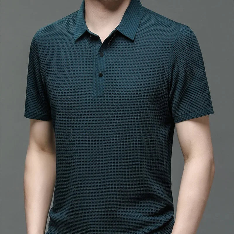 Camisa polo de manga curta com renda masculina, seda gelada, respirável, moda empresarial