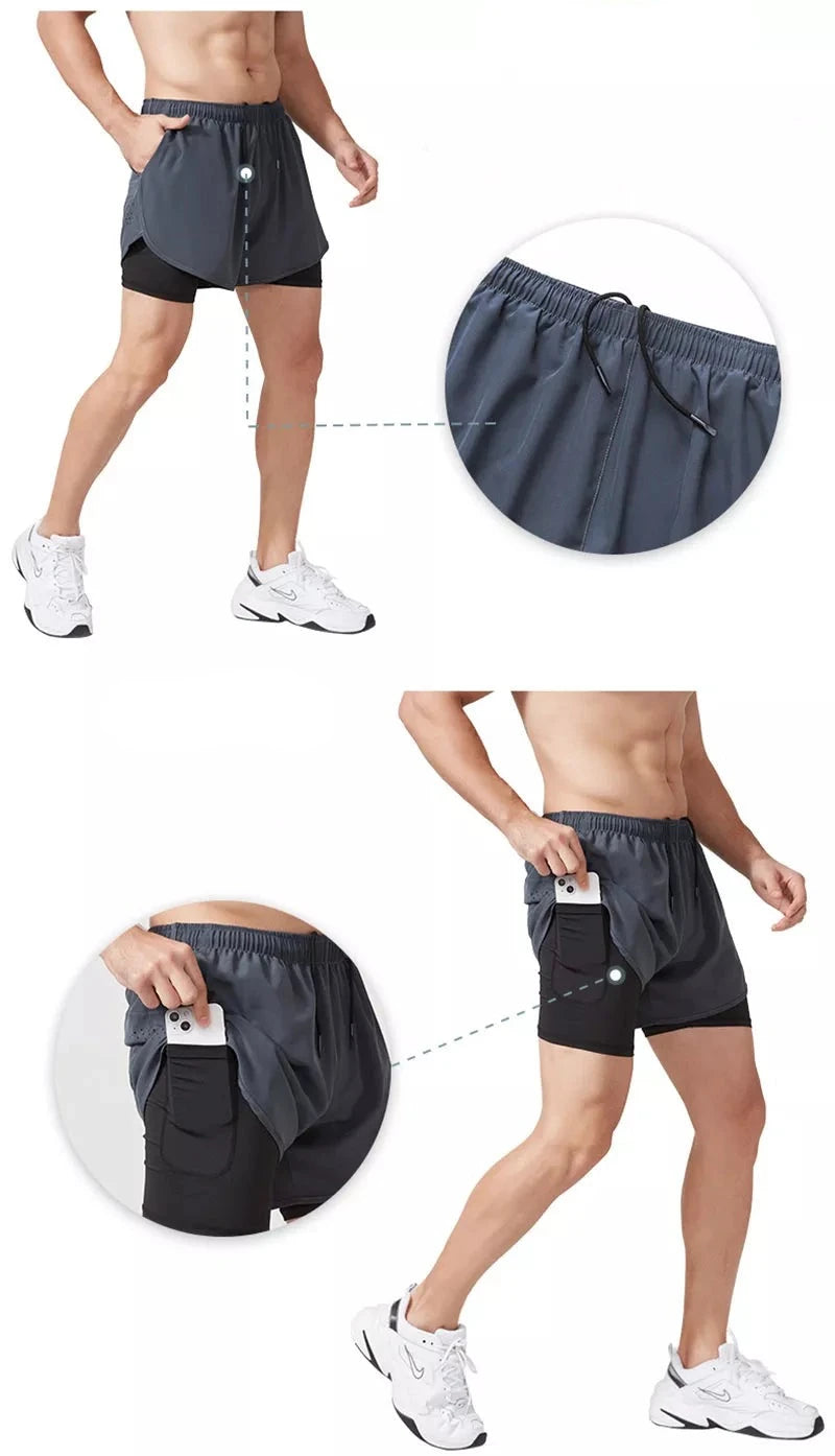 Calção de corrida de camada dupla de secagem rápida masculino, fitness, preto, esporte, treino, musculação, calça curta, novo