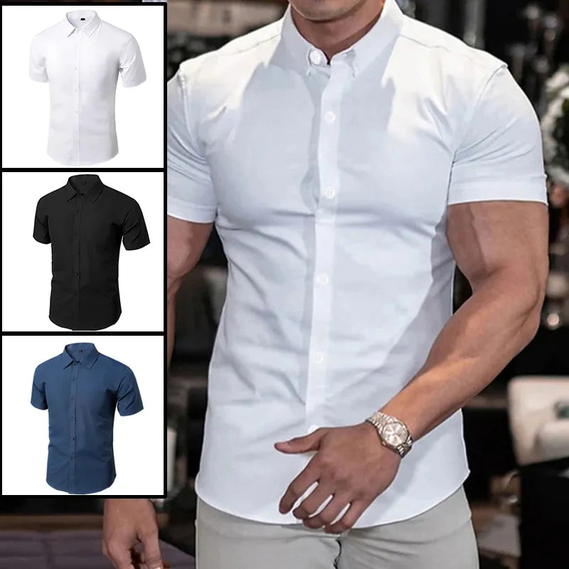 Camisa de Cor Sólida Nova Verão Homens Casual Elegante Terno Preto Branco Azul Marinho