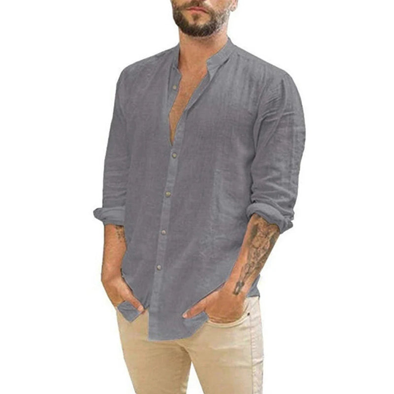 Camisa masculina de linho de algodão de manga comprida, gola alta, casual estilo praia, verão, venda quente