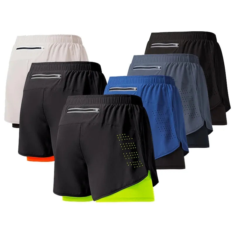 Calção de corrida de camada dupla de secagem rápida masculino, fitness, preto, esporte, treino, musculação, calça curta, novo