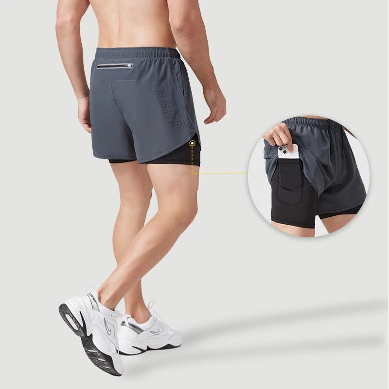 Calção de corrida de camada dupla de secagem rápida masculino, fitness, preto, esporte, treino, musculação, calça curta, novo