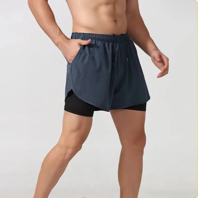 Calção de corrida de camada dupla de secagem rápida masculino, fitness, preto, esporte, treino, musculação, calça curta, novo