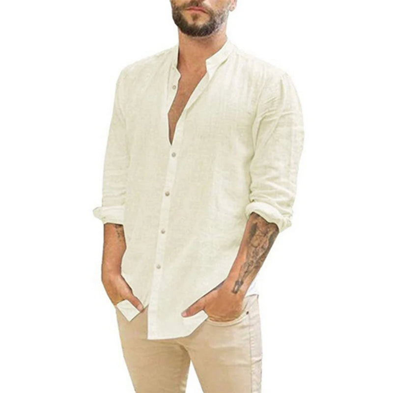 Camisa masculina de linho de algodão de manga comprida, gola alta, casual estilo praia, verão, venda quente