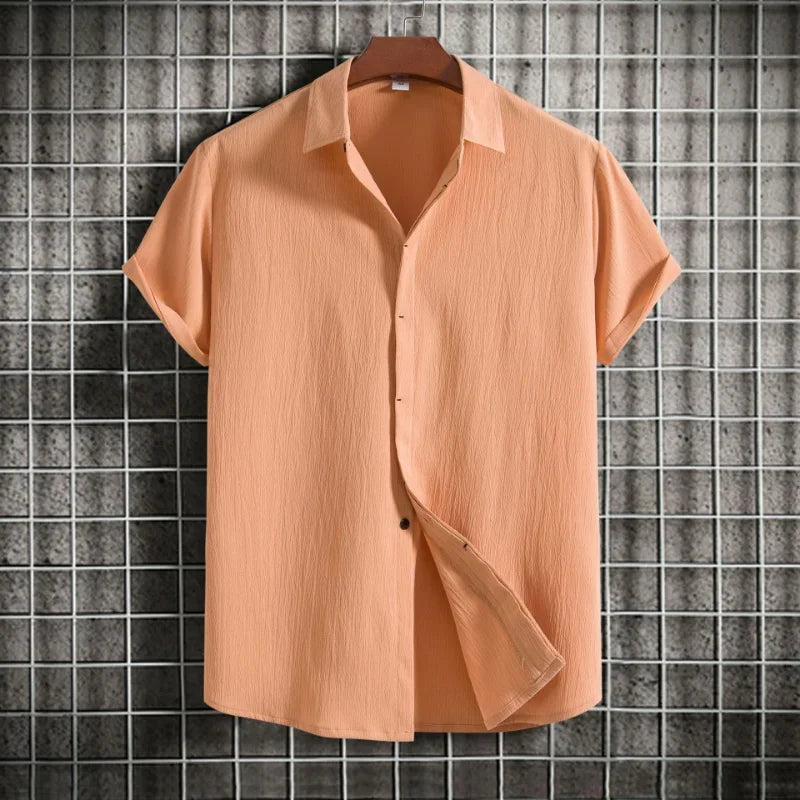 Camisa Riviera de botão manga curta masculina, camisa solta, roupa sólida, novo