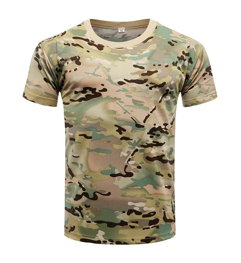 Camiseta de manga curta masculina, secagem rápida, treinamento físico ao ar livre, roupa masculina, tops táticos de camuflagem, camiseta verão