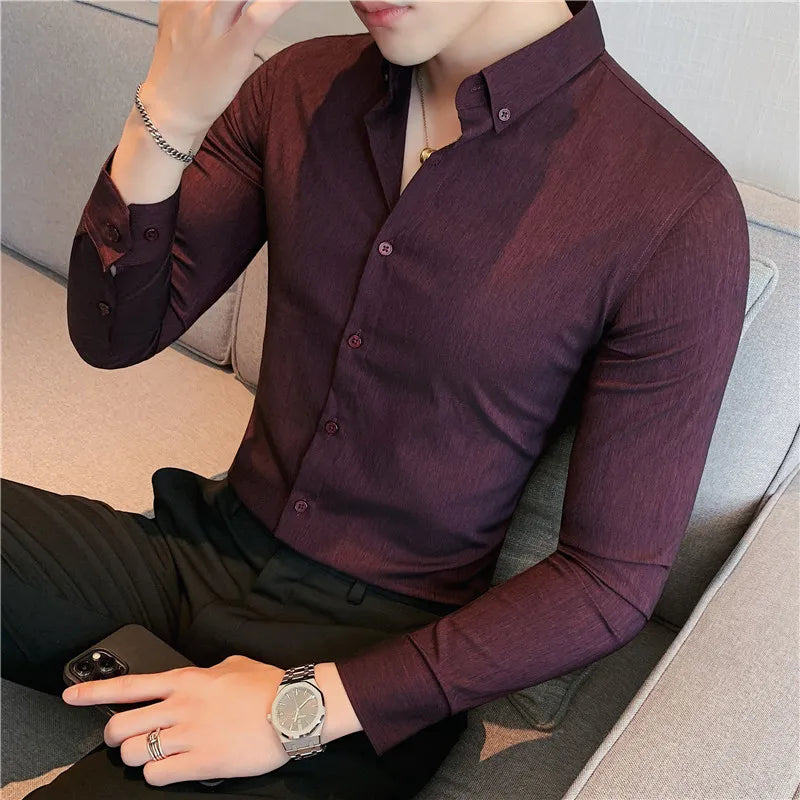 Camisa de manga comprida masculina,macia anti-rugas,elástica, slim fit, monocromática, estilo britânico, casual.