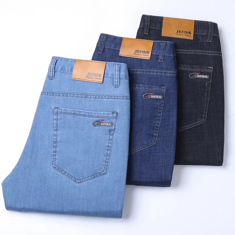 Calça jeans para homens de algodão fina, jeans de cintura alta, seda gelo, calça leve, pano casual para negócios, primavera e verão