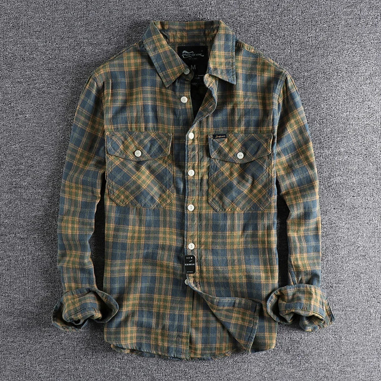 Camisa xadrez com ferramentas retrô masculina, jaqueta American, lixamento de flanela confortável, casual, outono e inverno