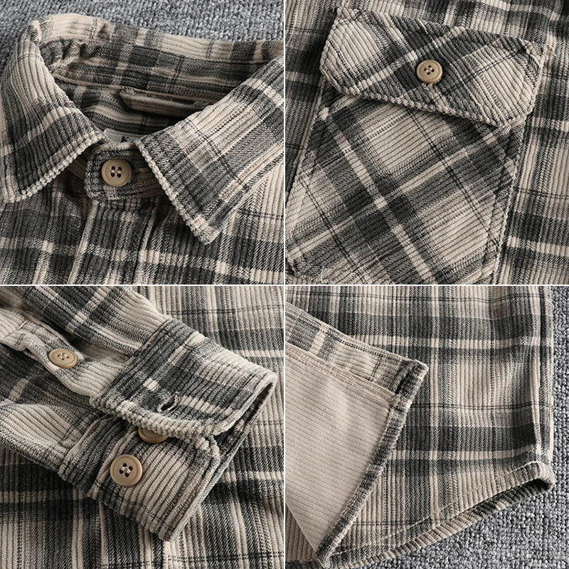 Camisa retrô design quadriculado cáqui de manga comprida lavada de veludo, casaco confortável diário com tudo a combinar, estilo primavera e outono, maio