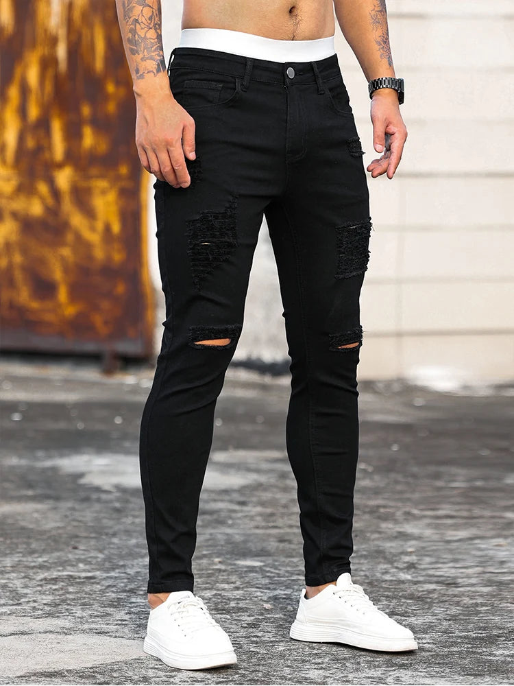 moda preto rasgado calças de borda magro dos homens calças nova primavera casual jeans para homens